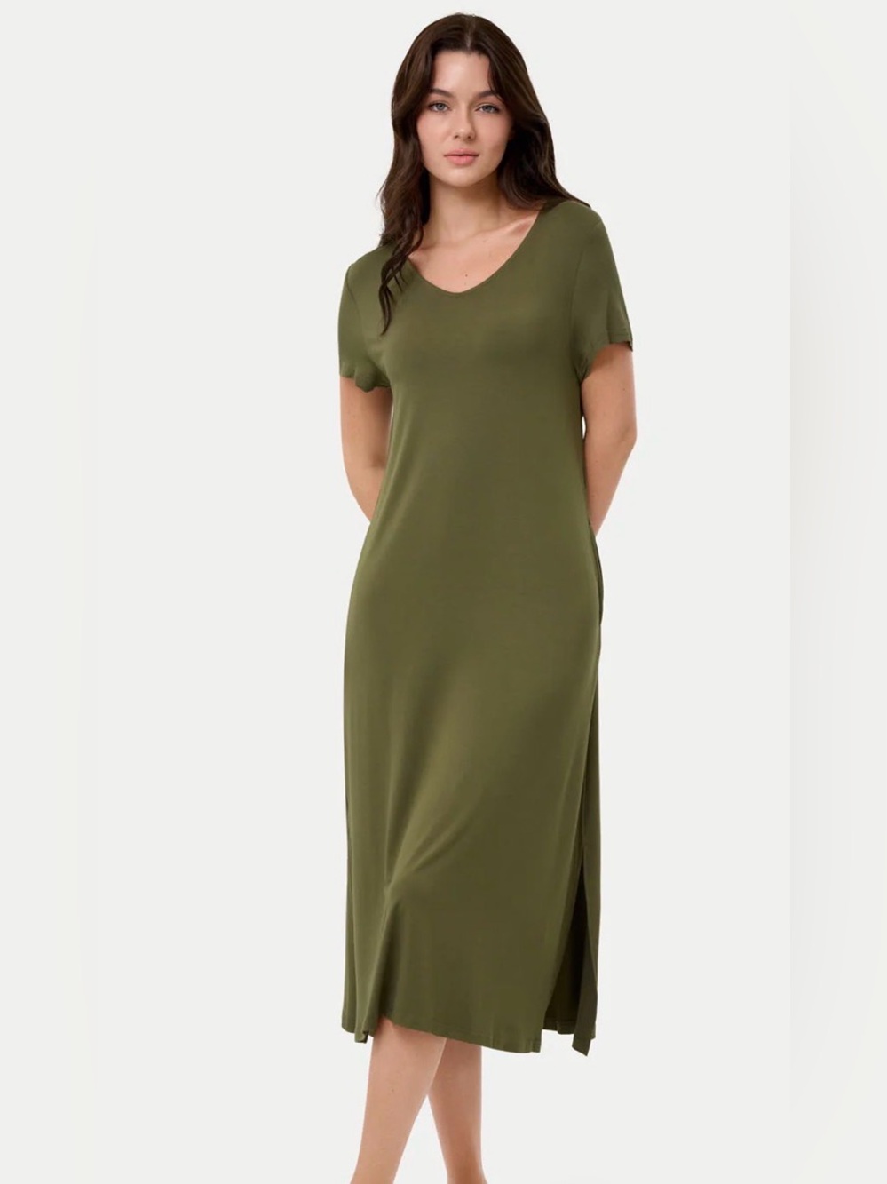 Cozy Short-Sleeve Maxi Dress in Olive by